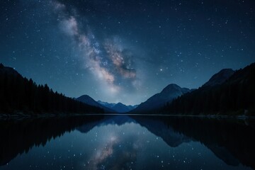 Captivating starry night over alpine lake with milky way reflection