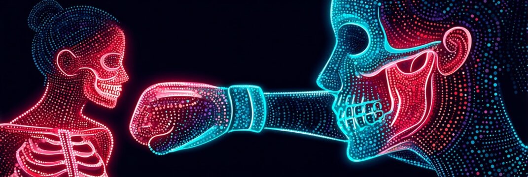 23 year old female MMA fighter throwing a kick with a pointillism anatomical overlay highlighting a glowing depiction of mandibular fracture on the jaw