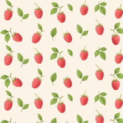 Seamless watercolor pattern with ripe raspberries and green leaves on transparent background
