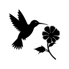 Hummingbird Silhouette Hovering Near a Flower Elegant Black and White Nature Illustration