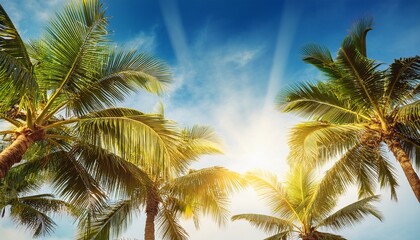 copy space of tropical palm tree with sun light on sky background