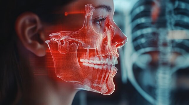 An augmented reality image shows a jaw X-ray overlaid on a photo.  Red highlights pinpoint painful areas, illustrating osteomyelitis, a human bone disease affecting the jaw.
 