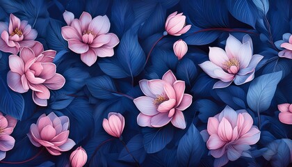 Obraz premium serene floral pattern featuring mauve pink blossoms nestled among dense indigo blue leaves