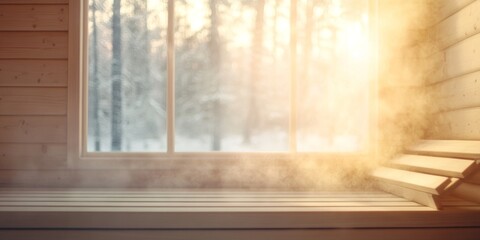 Steam rises in a serene wooden sauna as warm light streams through a window, revealing a snowy forest outside.
