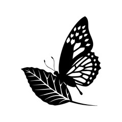 Elegant Black and White Illustration of a Butterfly Resting on a Leaf