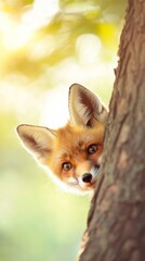 A playful red fox peeks out from behind a tree trunk in a sunlit forest, surrounded by soft golden light and leaves.
