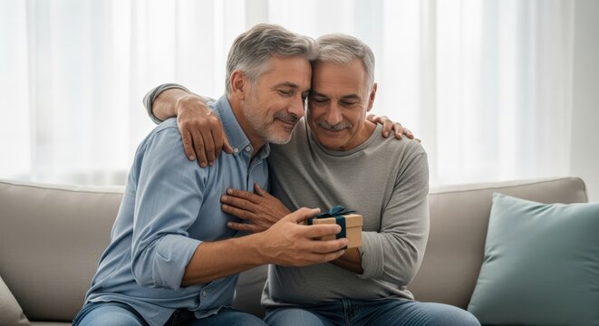 Two mature men share an intimate moment while exchanging a gift on the sofa at home. - Powered by Adobe