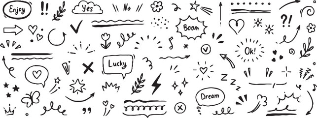 Line sketch star, text, arrow, heart decoration element icon set. Hand drawn sketch doodle cute star, emphasis, flower element. Pen line, brush, love text decoration shape icon. Hand drawn vector