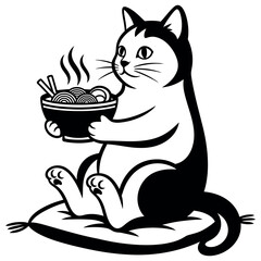 Cute Cat Eating Noodles on Cushion Indoors