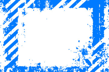 Grungy vector hazard frame. Blue and white diagonal warning stripes with distressed textures and splatter, creating an edgy industrial border design.