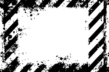 Monochrome vector grunge frame. Black and white diagonal hazard stripes with distressed textures and splatter, creating an edgy industrial border design.
