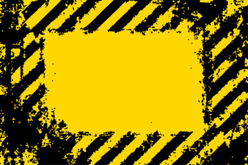 Grungy vector hazard background. Yellow and black diagonal warning stripes frame a textured central area, creating an edgy, industrial design element.
