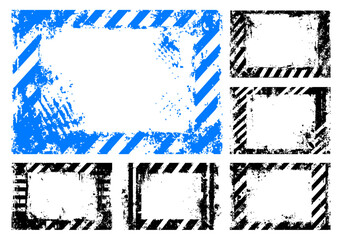 Vector set of grunge hazard frames. Blue and white diagonal warning stripes with distressed textures, creating edgy industrial borders and backgrounds.
