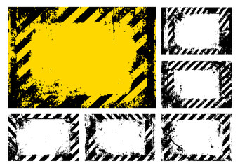 Vector set of grunge hazard frames. Yellow and black diagonal warning stripes with distressed textures, creating edgy industrial borders and backgrounds.