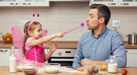 A daughter dressed as a fairy makes magic with her dad while they bake together in the kitchen.