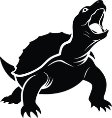 Aggressive Snapping Turtle Silhouette Open Mouth, Rugged Shell, Vector Illustration
