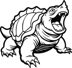 Aggressive Snapping Turtle Illustration Open Mouth, Rugged Shell, Powerful Claws