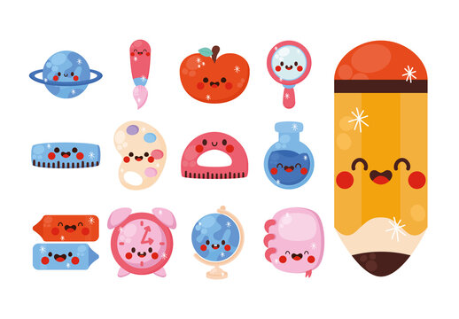 Colorful School Supplies Kawaii Cute Education Tools Illustration Set