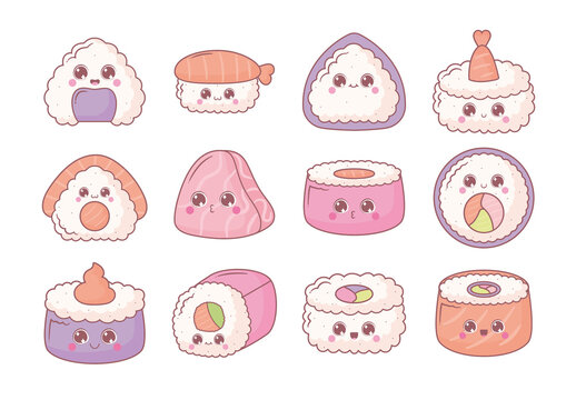 Colorful Sushi Kawaii Japanese Cute Food Illustrations Set