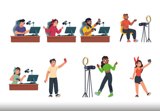 Colorful Streamer Content Creator Vlogger Influencer Illustrations Set