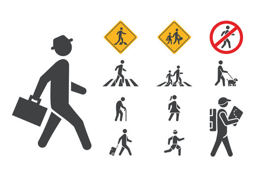 Black And White Pedestrian People Crossing Walk Signaling Icons Set