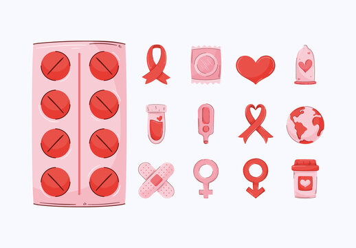 Red And Pink World AIDS Day Awareness HIV Health Icons Set