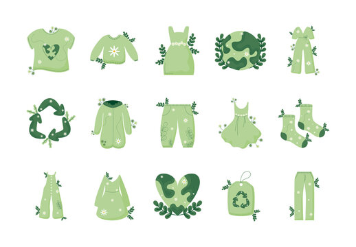 Green Sustainable Fashion Eco Clothes Illustrations Set