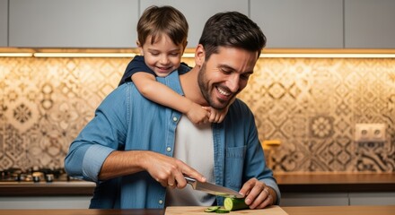 A father and son enjoy cooking together in their modern kitchen, full of joy