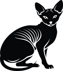 Elegant Sphynx Cat Illustration Relaxed Pose, Wrinkled Skin, Black Silhouette
