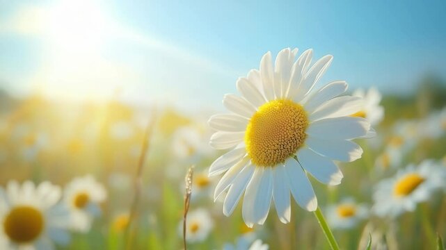 Close-up, low-angle view of a daisy in a sunlit field, capturing a serene, natural vibe. Ideal for a peaceful nature video backdrop. Live desktop wallpaper.