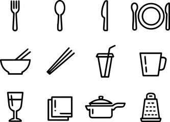 Obraz premium Simple line icons set of cutlery utensils and drinkware for kitchen cup pot eat fork bowl food menu spoon knife