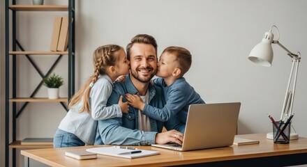 Fototapeta premium Happy father working on a laptop at home with his kids, enjoying a moment together.