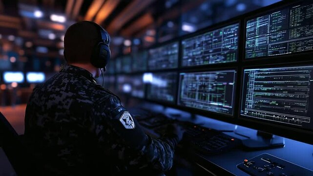 Top-secret monitoring facility where man in uniform filters through real-time espionage reports, global grid and thermal scans active
