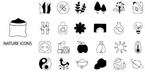 Obraz premium Nature simple concept 24 Black and White icons set. Vector Illustration.