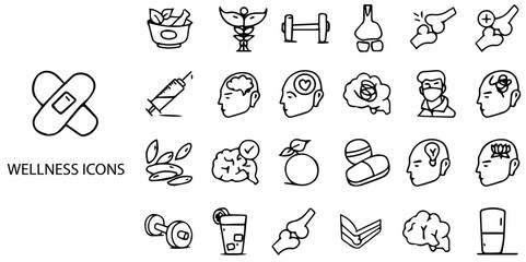 Wellness simple concept 24 hand drawn Black and White icons set .Vector illustration.