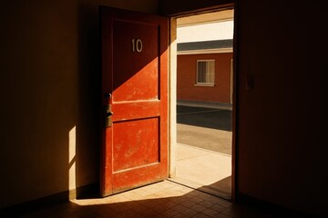 Vintage motel door with sunlight creating a warm atmosphere for nostalgic travel decor