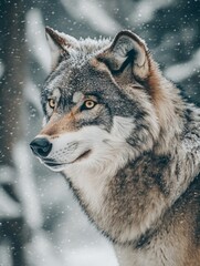 Obraz premium Detailed portrait of a grey wolf in a snow-covered forest, showcasing its sharp amber eyes and thick winter fur in crisp focus. 