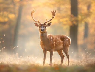 Fototapeta premium Spotted deer with antlers in autumn forest light 
