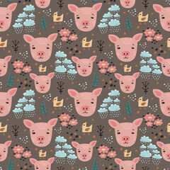 Cute pig seamless pattern hand drawn cute kids background colorful pallete