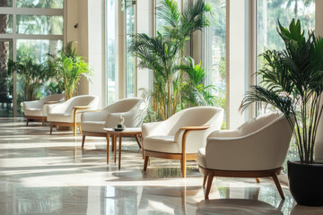 Obraz premium Modern waiting area with armchairs and indoor plants bathed in natural sunlight inside a building