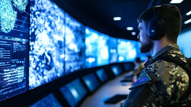 War room illuminated by neon-blue light from massive digital screens, a focused soldier monitors satellite feeds and strategic intelligence updates