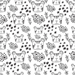 Cute doodle tiger seamless pattern hand drawn cute kids background black and white