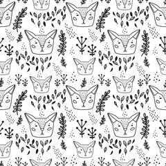 Cute doodle fox seamless pattern hand drawn cute kids background black and white