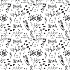 Cute doodle giraffe seamless pattern hand drawn cute kids background black and white