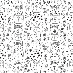 Cute doodle cat seamless pattern hand drawn cute kids background black and white