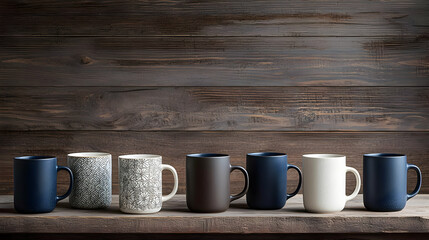 Assorted Ceramic Mugs on Dark Wooden Shelf