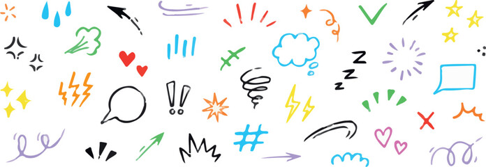 Line sketch star, text, arrow, heart decoration element icon set. Hand drawn sketch doodle cute star, emphasis, flower element. Pen line, brush, love text decoration shape icon. Hand drawn vector