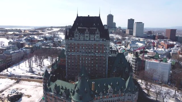 Drone View of Chateau Frontenac and Old Quebec City, Canada