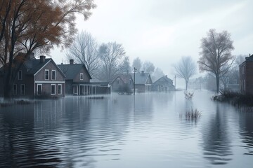 Fototapeta premium Tranquil Flooded Landscape. Submerged Rural Houses Amid Misty Reflection and Overcast Skies