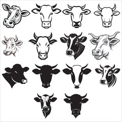 Obraz premium -Cow head silhouette vector illustration set 
